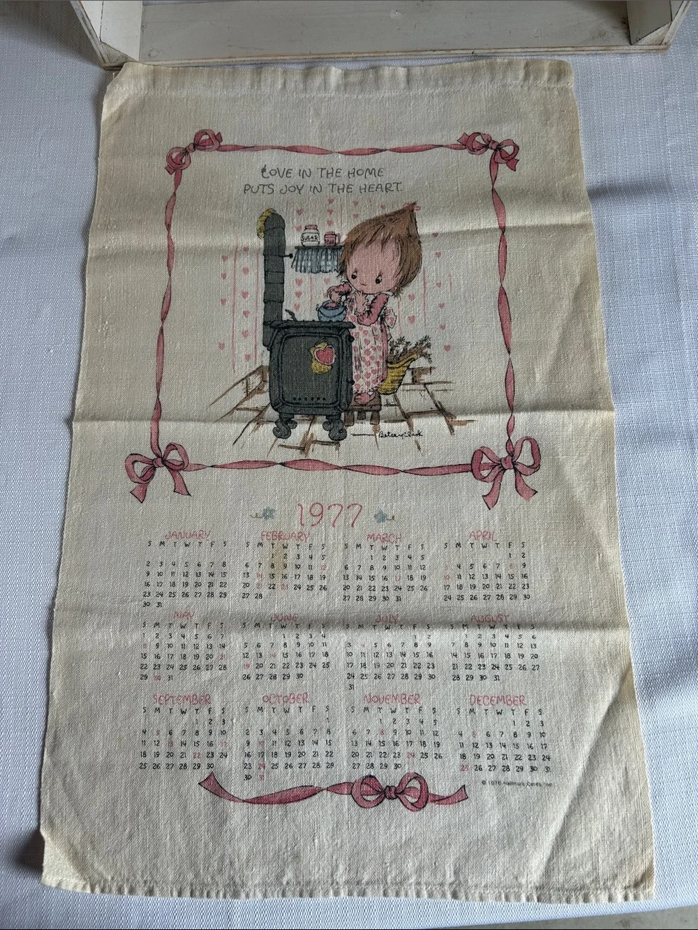 Cottagecore - adorable! 1977 Illustrated Calendar Tea Towel with Pink Ribbon